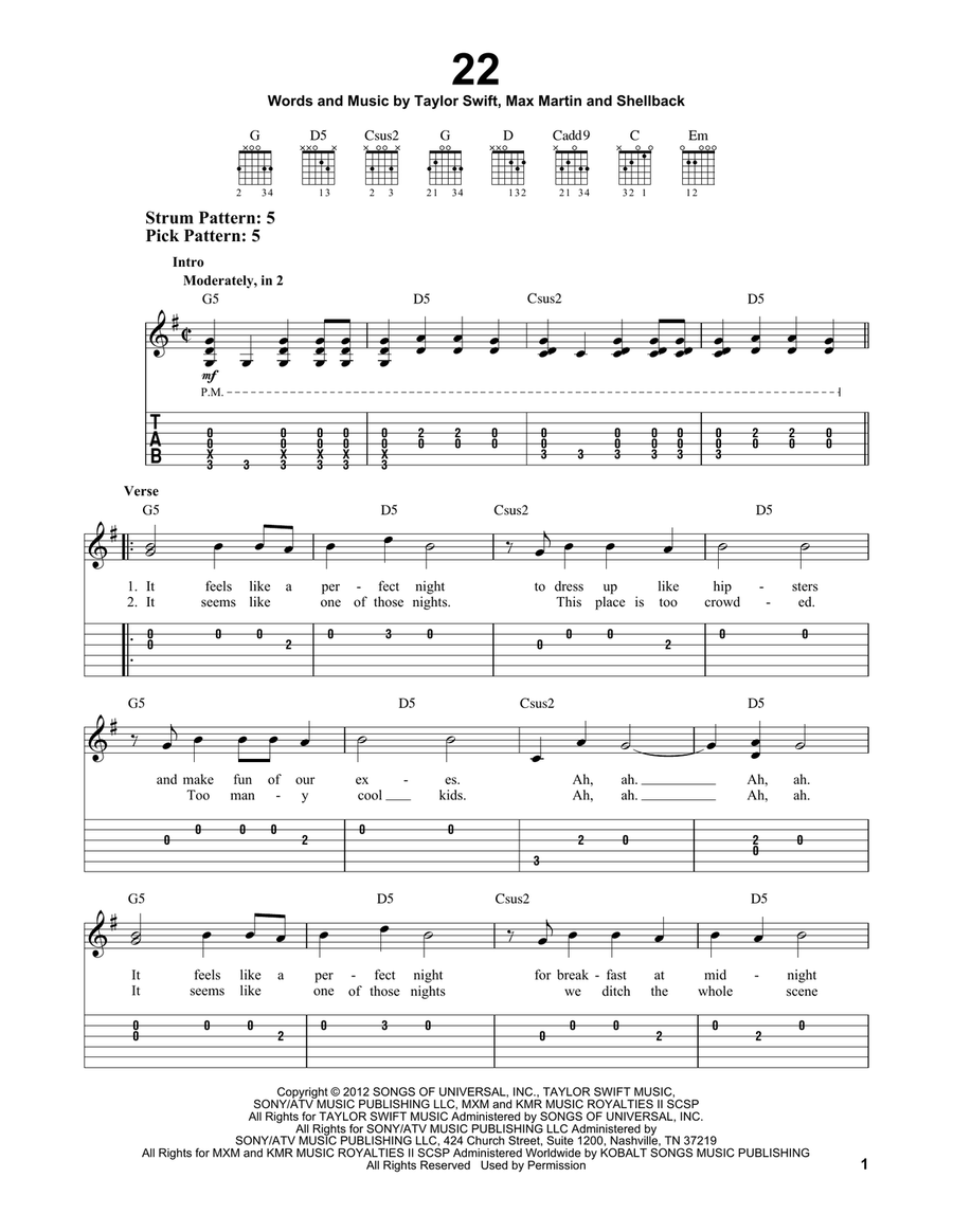 22 by Taylor Swift - Acoustic Guitar - Digital Sheet Music