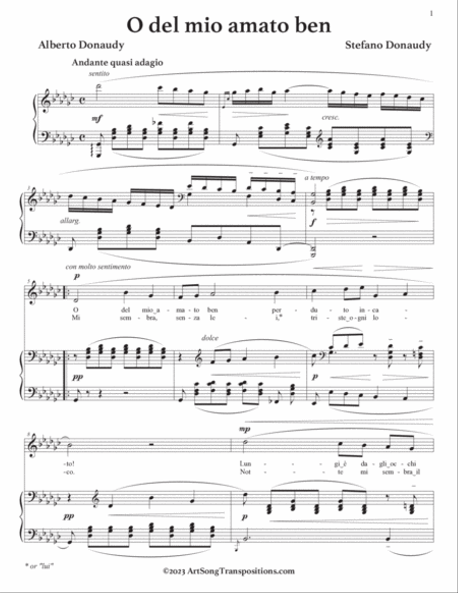 DONAUDY: O del mio amato ben (transposed to G-flat major and F major) Voice scores gallery preview page 2