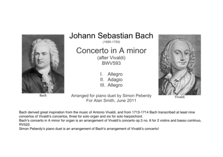 Vivaldi / Bach 2 Violin / Organ Concerto II in A minor arr Piano Duet, 1. Allegro, 2. Adagio, 3. Allegro image number null