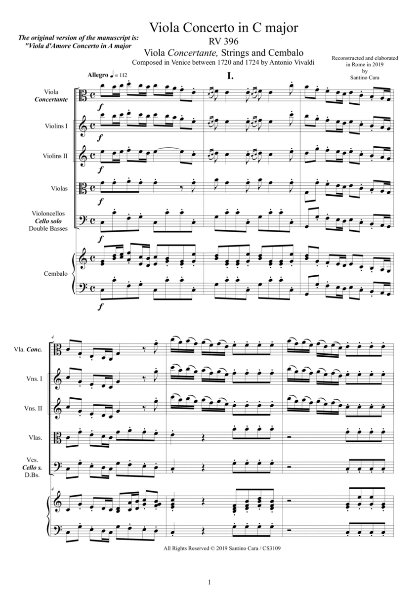 Vivaldi - Viola Concerto in C major RV396 for Viola concertante, Strings and Cembalo image number null
