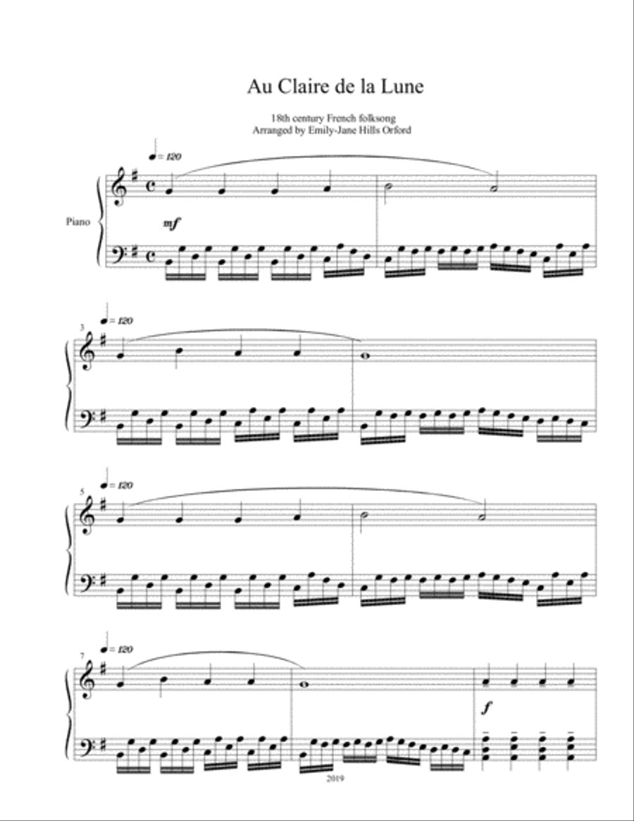 Au Claire de la Lune Piano Solo scores gallery preview page 1