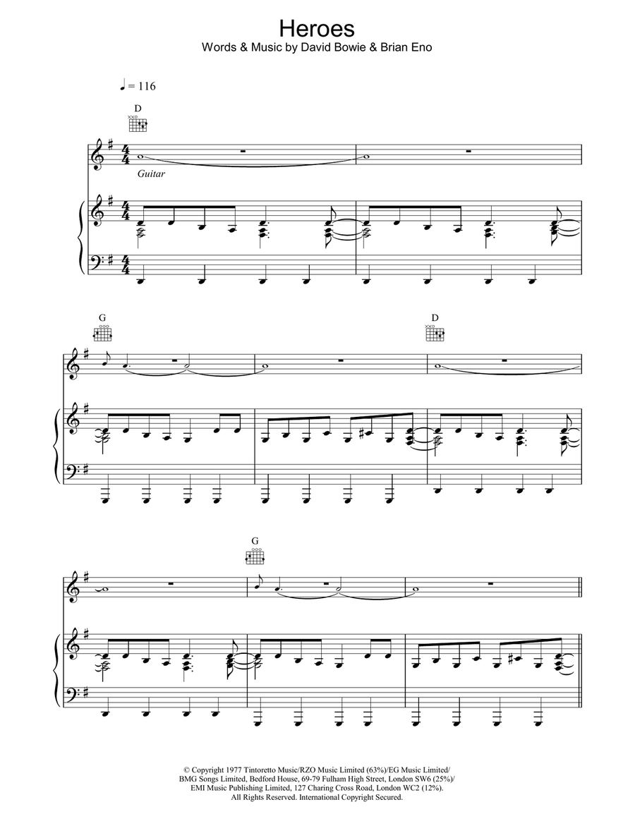 Heroes Piano, Vocal, Guitar scores gallery preview page 1
