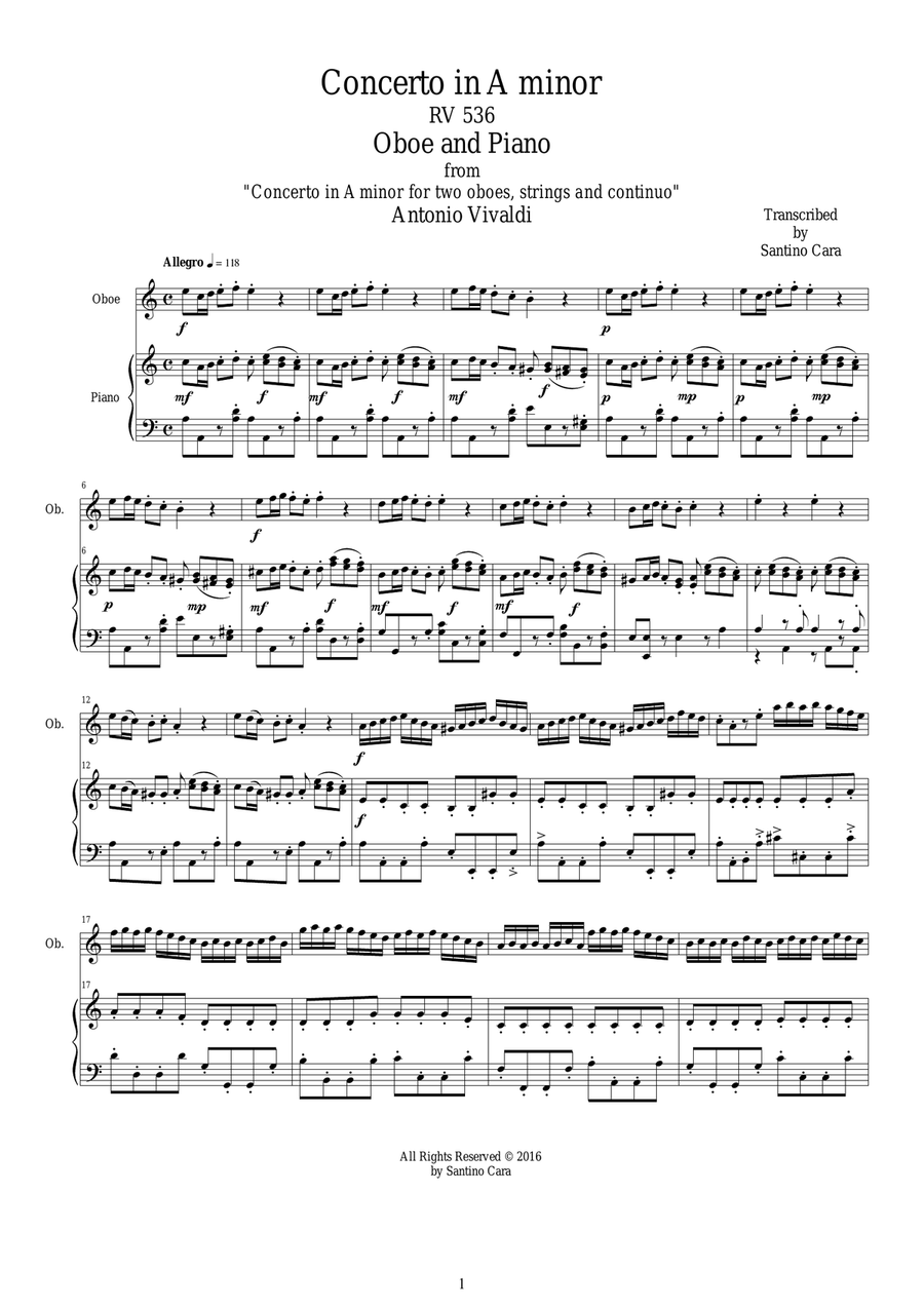 Vivaldi - Concerto in A minor RV 536 for Oboe and Piano Piano scores gallery preview page 1