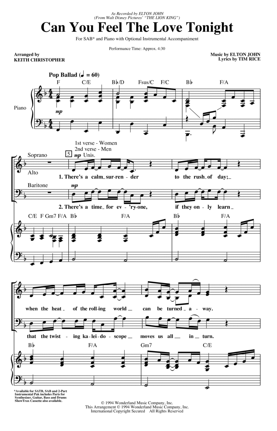 Can You Feel The Love Tonight (from The Lion King) (arr. Keith Christopher) 3-Part scores gallery preview page 1