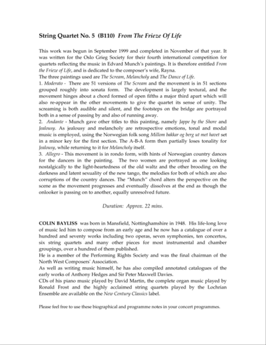 String Quartet No. 5 From The Frieze Of Life (score and parts) String Quartet scores gallery preview page 1