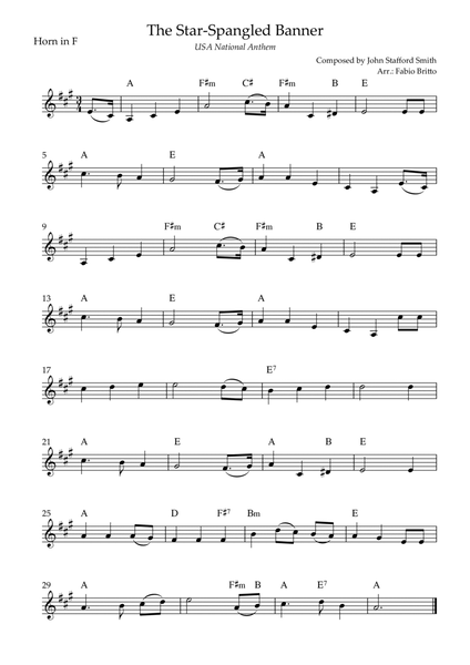 The Star Spangled Banner (USA National Anthem) for Horn in F Solo with Chords (D Major)