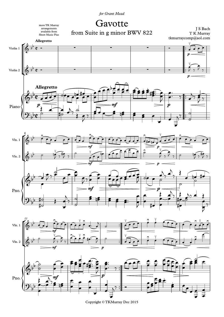 Bach - Gavotte in G Minor - 2nd. Violin Part & New Piano Part - Suzuki Bk.3 Violin Solo scores gallery preview page 1