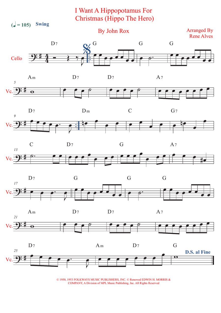 I Want A Hippopotamus For Christmas (Hippo The Hero) Cello Solo scores gallery preview page 1