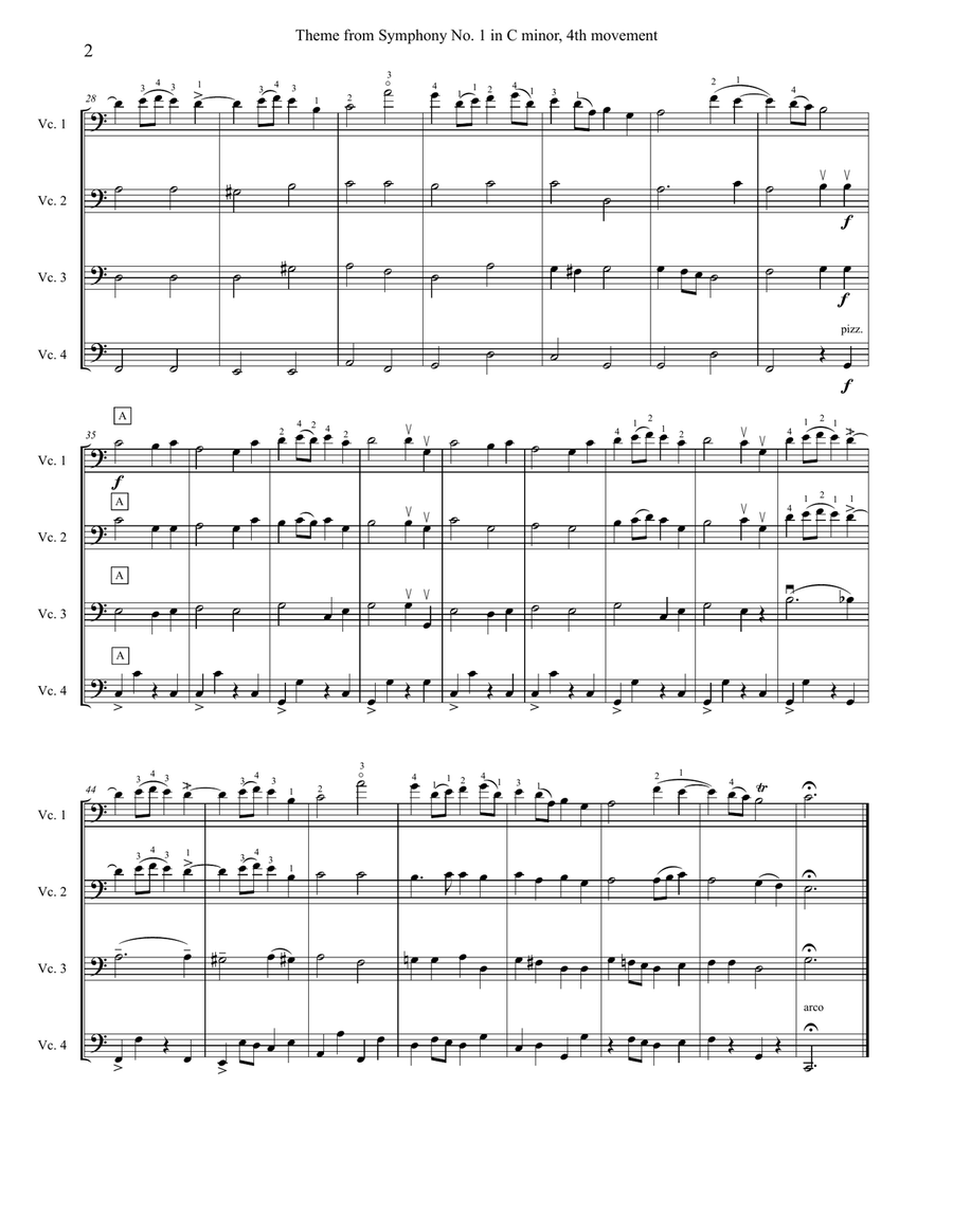 Theme from Brahms Symphony No.1, Fourth Movement for four cellos (cello quartet) String Orchestra scores gallery preview page 2