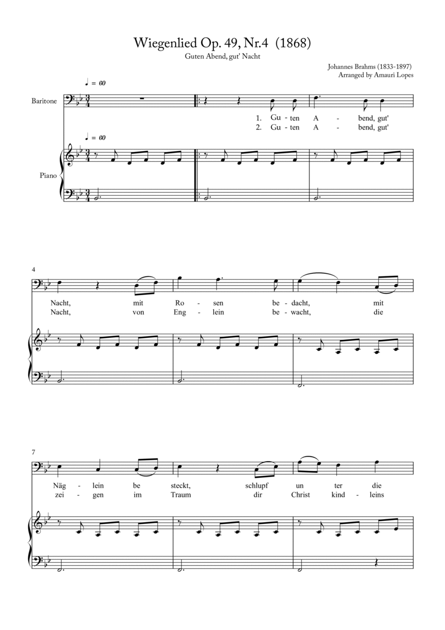Book cover for Wiegenlied Op. 49, Nr.4 (1868) - Lullaby - Key Bb