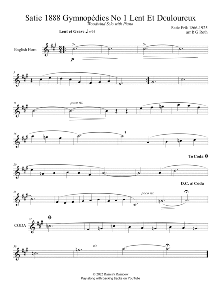 Satie 1888 Gymnopédies No 1 Lent Oboe or English Horn Solo