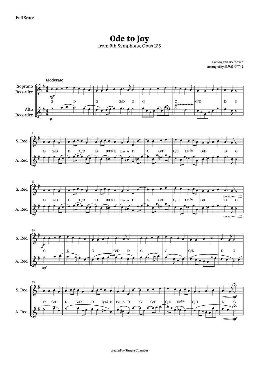 Ode to Joy for Recorder Duet by Beethoven Opus 125 Woodwind Duet scores gallery preview page 1