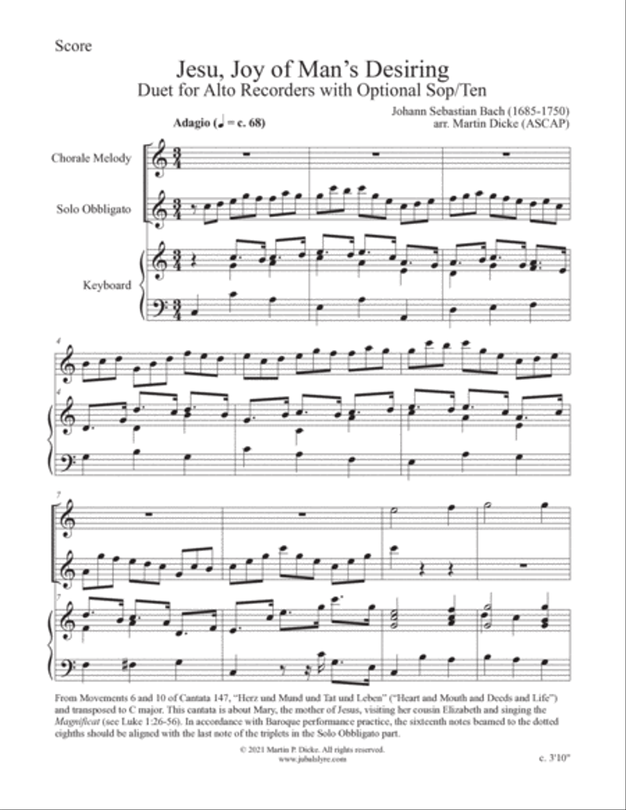 Jesu, Joy of Man's Desiring (Duet for Alto Recorders with Optional Sop/Ten) image number null