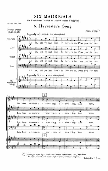 Harvester's Song From 6 Madrigals A Cappella