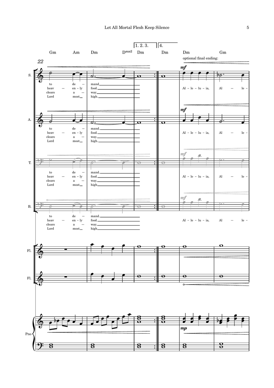 Let All Mortal Flesh Keep Silence SATB flute duet and Piano 4-Part scores gallery preview page 5