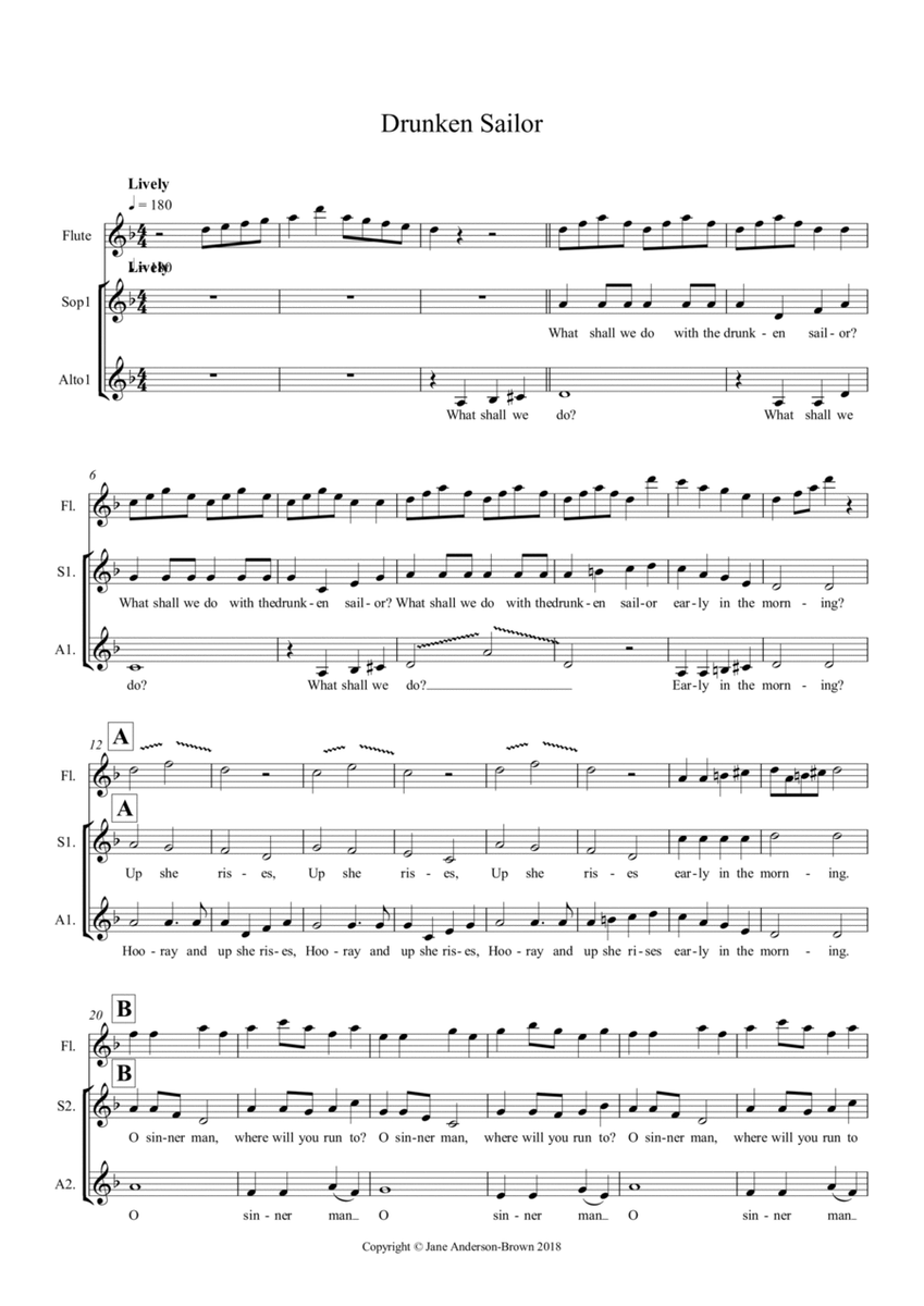 Drunken Sailor Partnered with O Sinner Man. Arrangement for SSAA and solo instrument (Piccolo, flut image number null