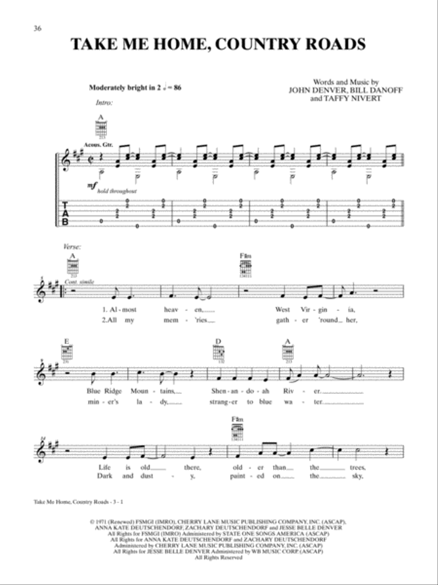 Take Me Home, Country Roads Guitar Tablature scores gallery preview page 1