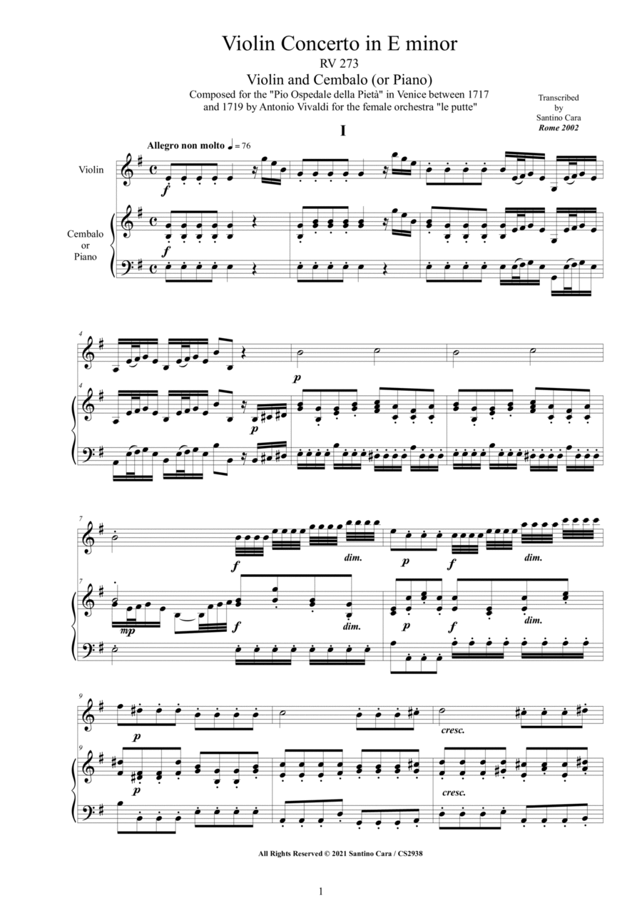 Vivaldi - Violin Concerto in E minor RV 273 for Violin and Cembalo (or Piano) String Duet scores gallery preview page 1