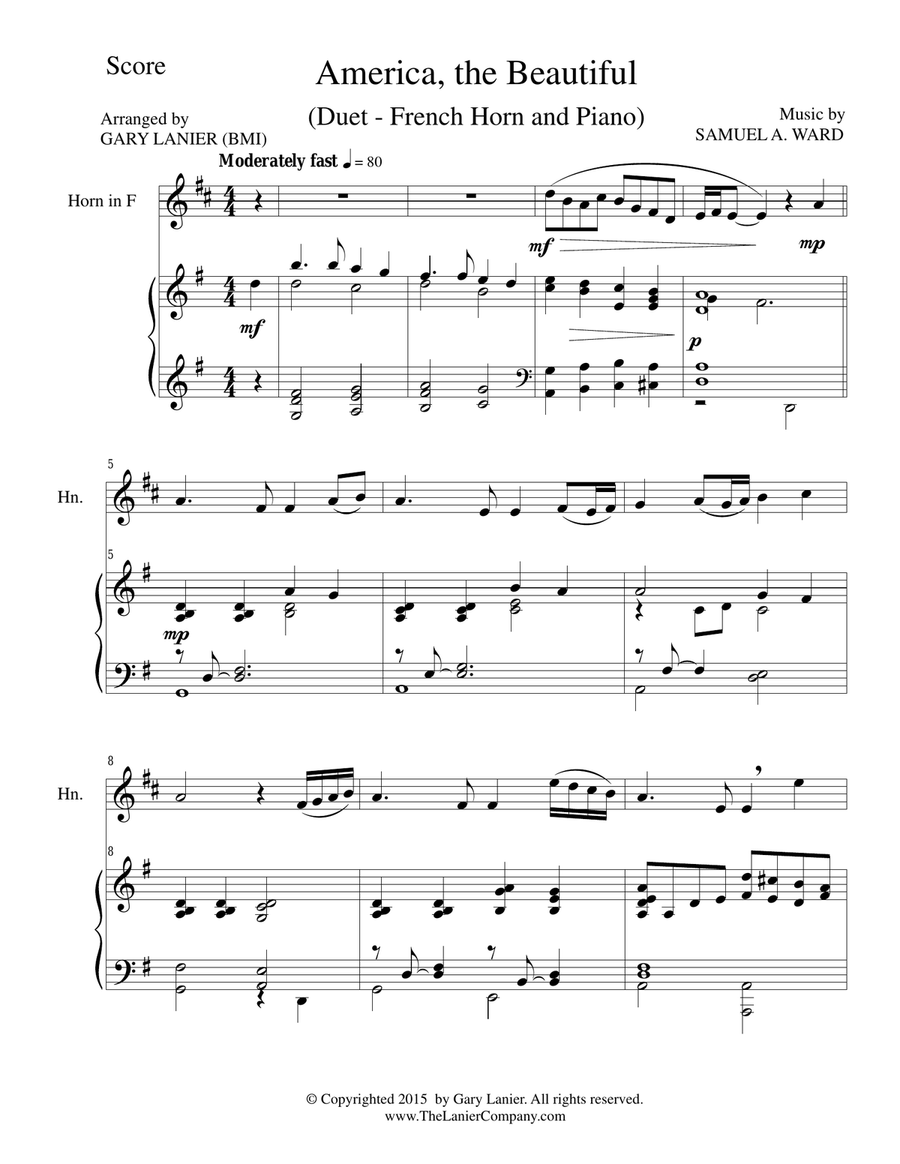 AMERICA, THE BEAUTIFUL (Duet – French Horn and Piano/Score and Parts) Brass Duet scores gallery preview page 1