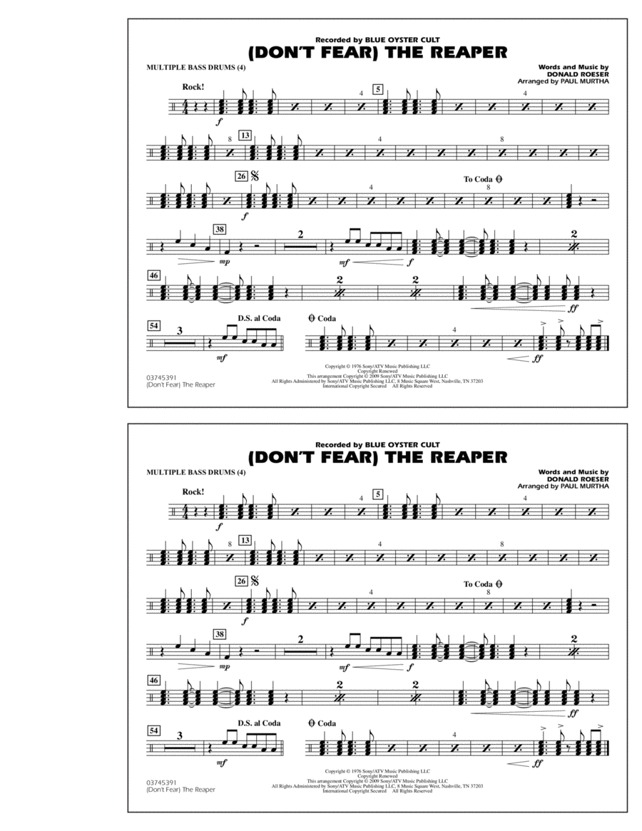 (Don't Fear) The Reaper - Multiple Bass Drums Marching Band scores gallery preview page 1