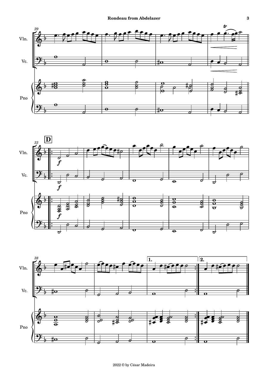Rondeau from Abdelazer - Violin, Cello and Piano (Full Score and Parts) Piano Trio scores gallery preview page 4