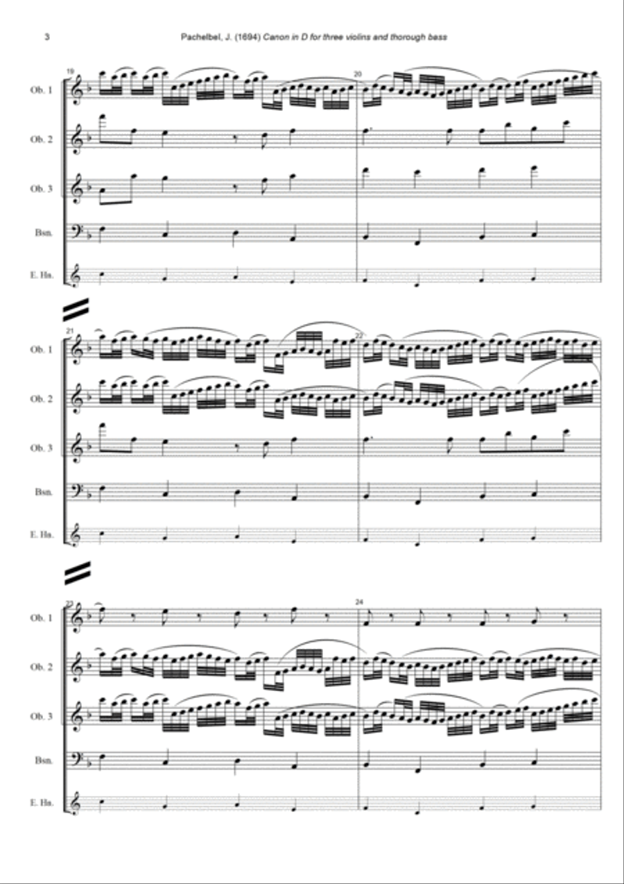 J. Pachelbel - Canon in D-dur, arr. for 3 Oboes & Bassoon (or English Horn) Woodwind Quartet scores gallery preview page 3