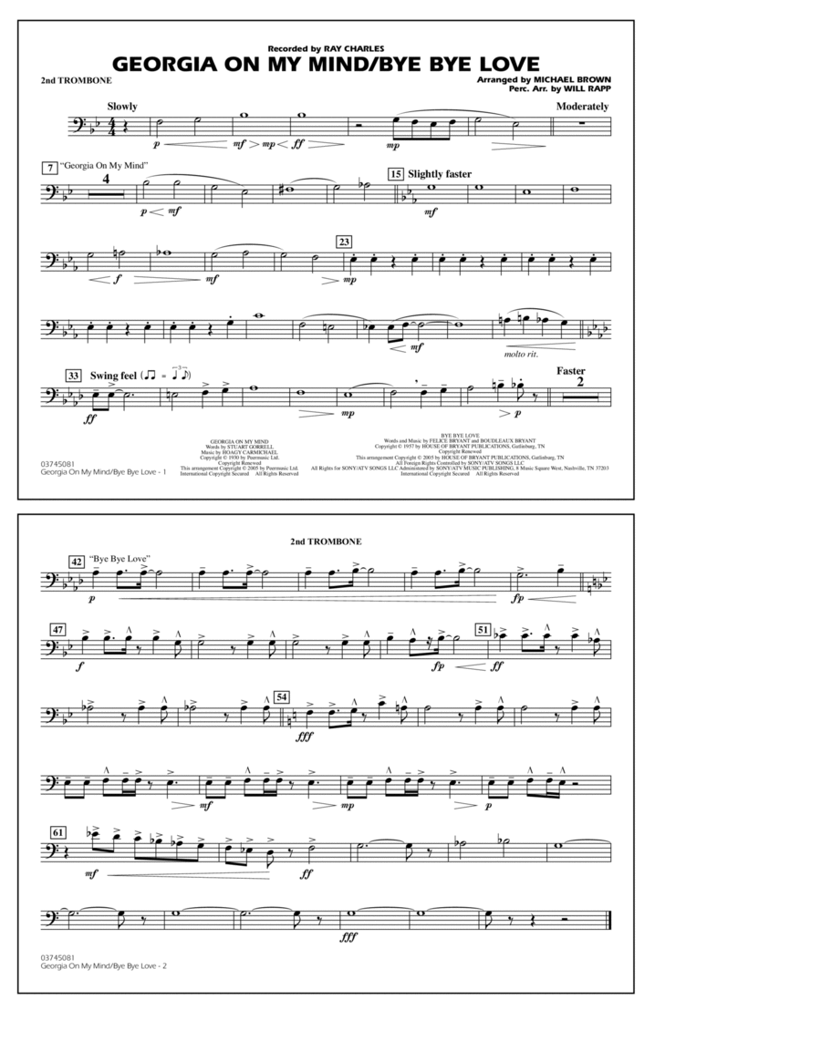 Georgia On My Mind/Bye Bye Love (arr. Michael Brown) - 2nd Trombone Marching Band scores gallery preview page 1