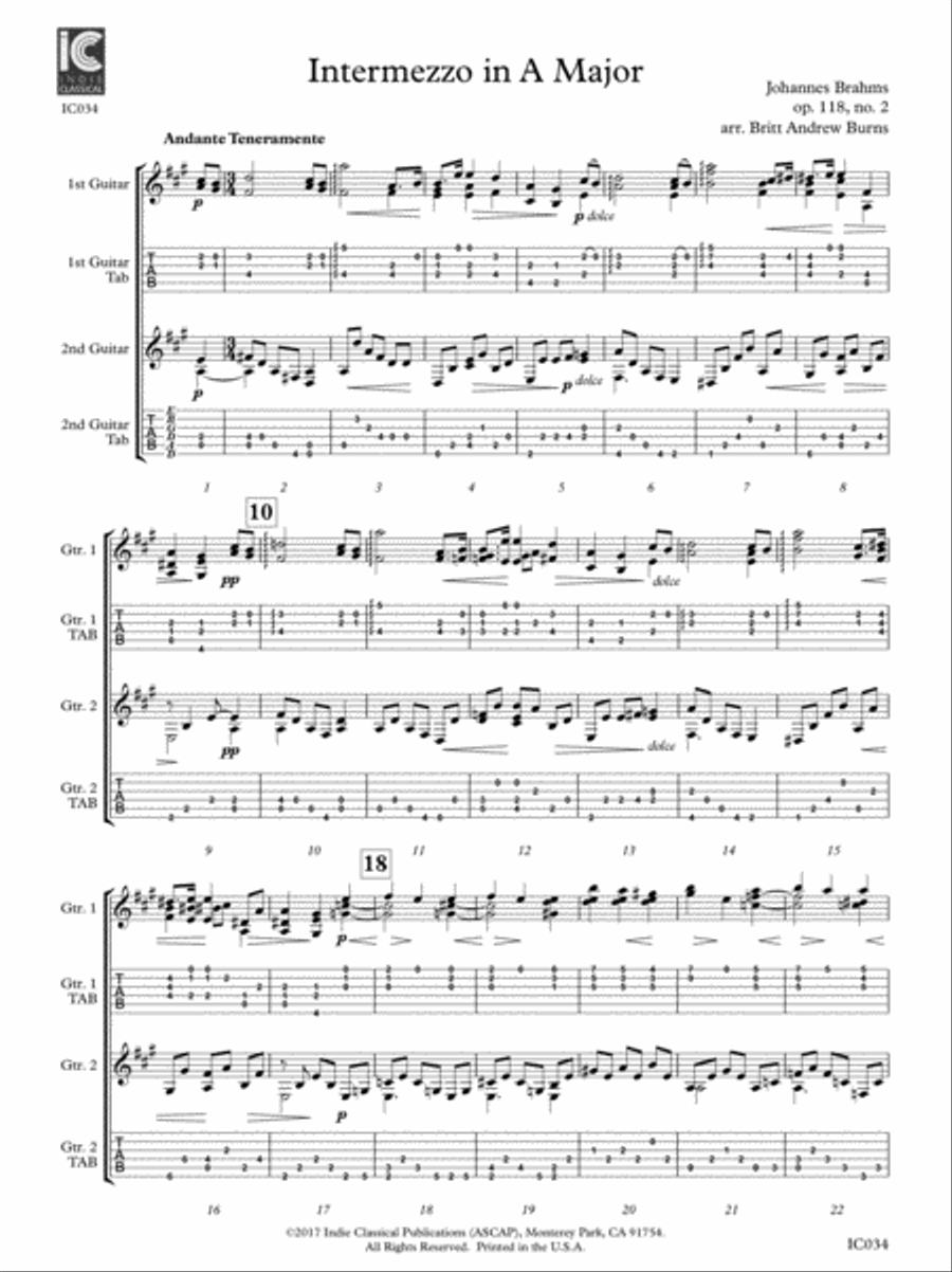 Intermezzo in A Major - Op. 118, No. 2 - for Two Guitars Classical Guitar scores gallery preview page 5
