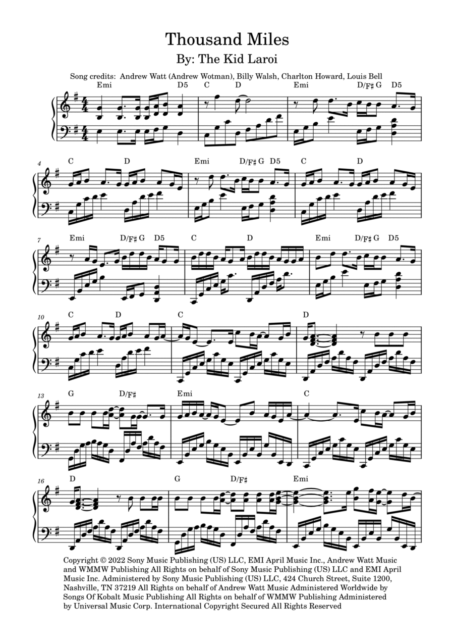 Thousand Miles Piano Solo scores gallery preview page 1