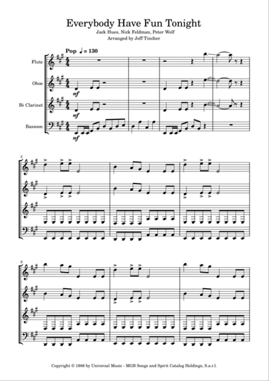 Everybody Have Fun Tonight Woodwind Quartet scores gallery preview page 2