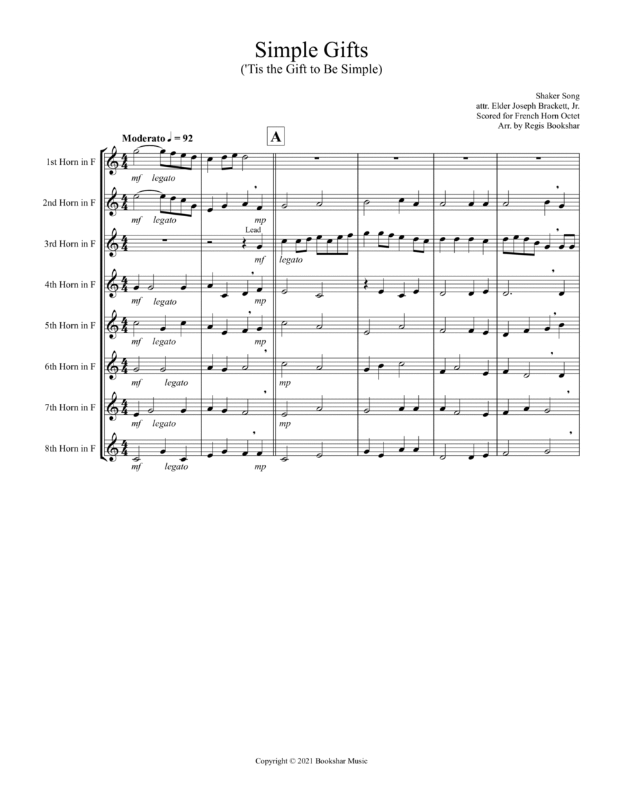 Simple Gifts ('Tis the Gift to Be Simple) (F) (French Horn Octet) Brass Ensemble scores gallery preview page 1
