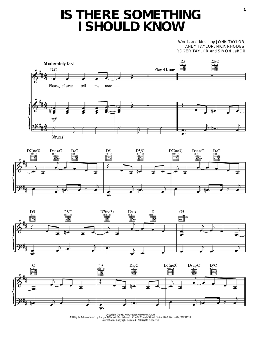 Is There Something I Should Know Piano, Vocal, Guitar scores gallery preview page 1