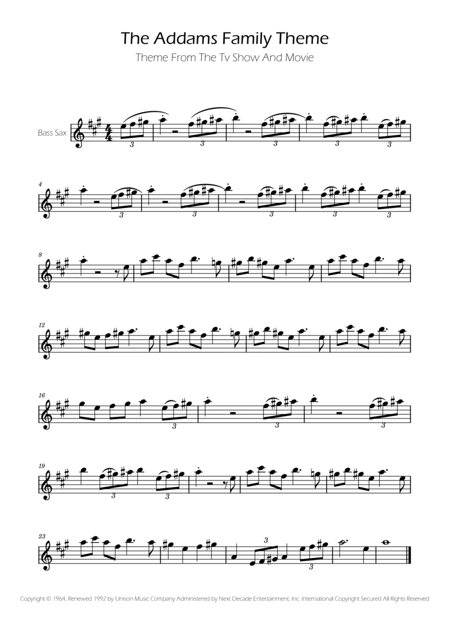 Addams Family Theme Bass Saxophone scores gallery preview page 1