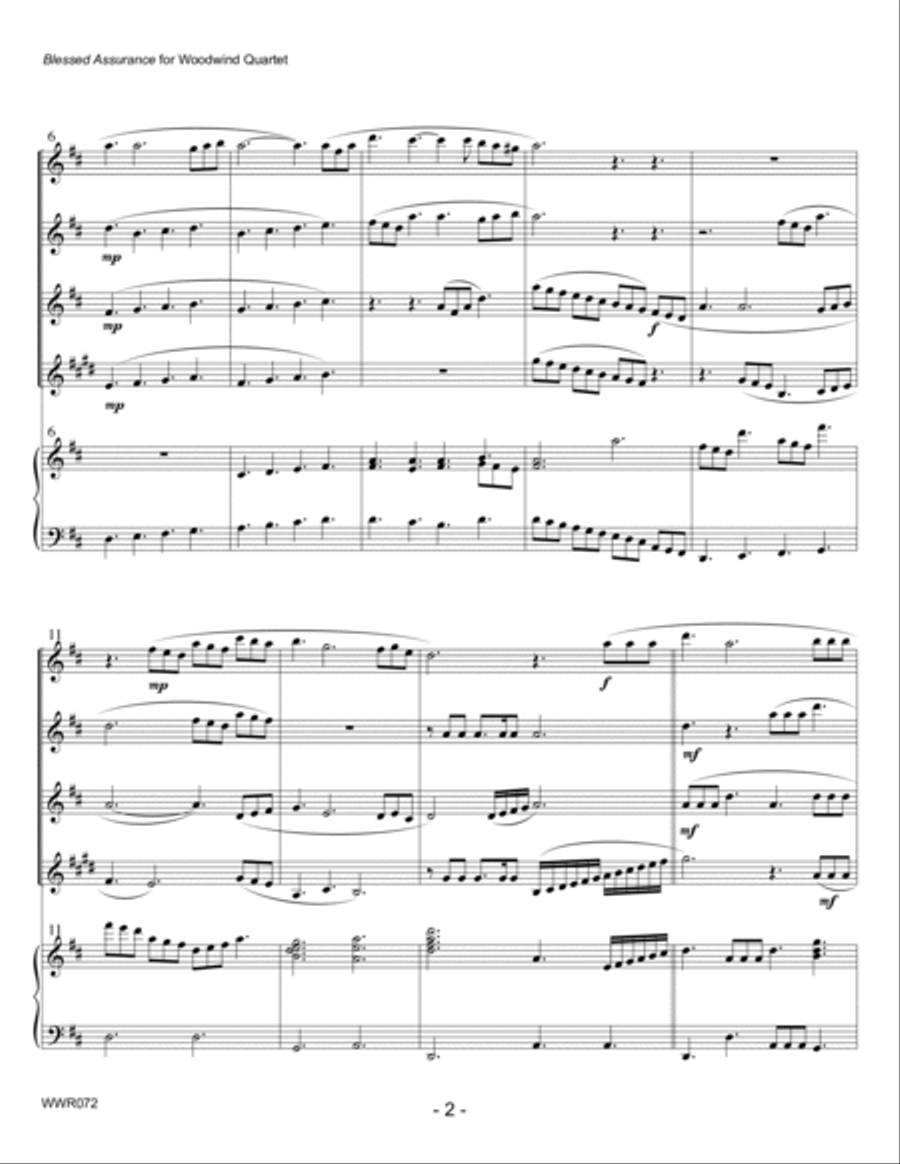 BLESSED ASSURANCE - 2 Flutes, Oboe & Clarinet with optional Piano accompaniment Woodwind Quartet scores gallery preview page 2