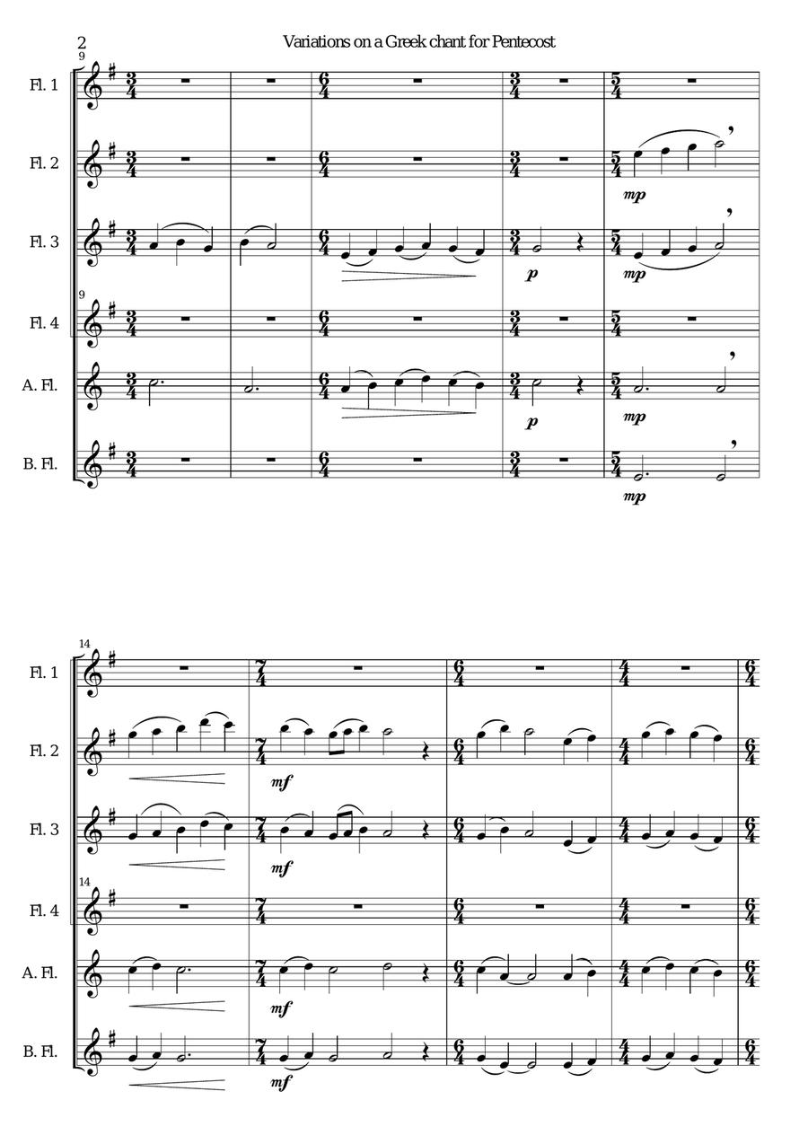 Variations on a Greek Chant for Pentecost for Flute Sextet (or Flute Choir) Flute Choir scores gallery preview page 2