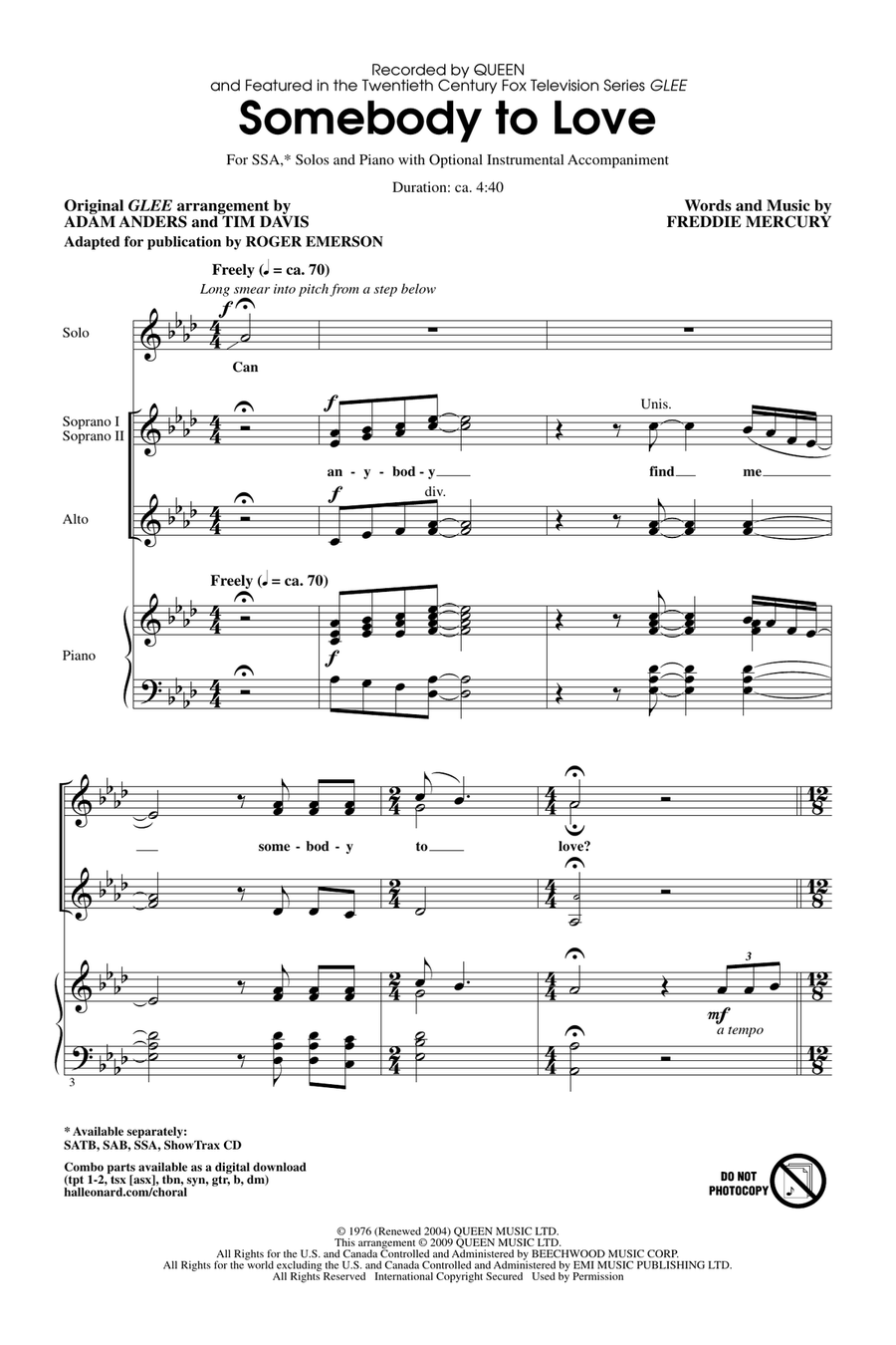 Somebody To Love (arr. Roger Emerson) SSA scores gallery preview page 1
