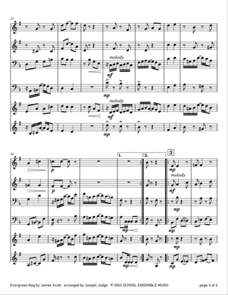 Evergreen Rag by James Scott for Brass Quartet in Schools Brass Quartet scores gallery preview page 3