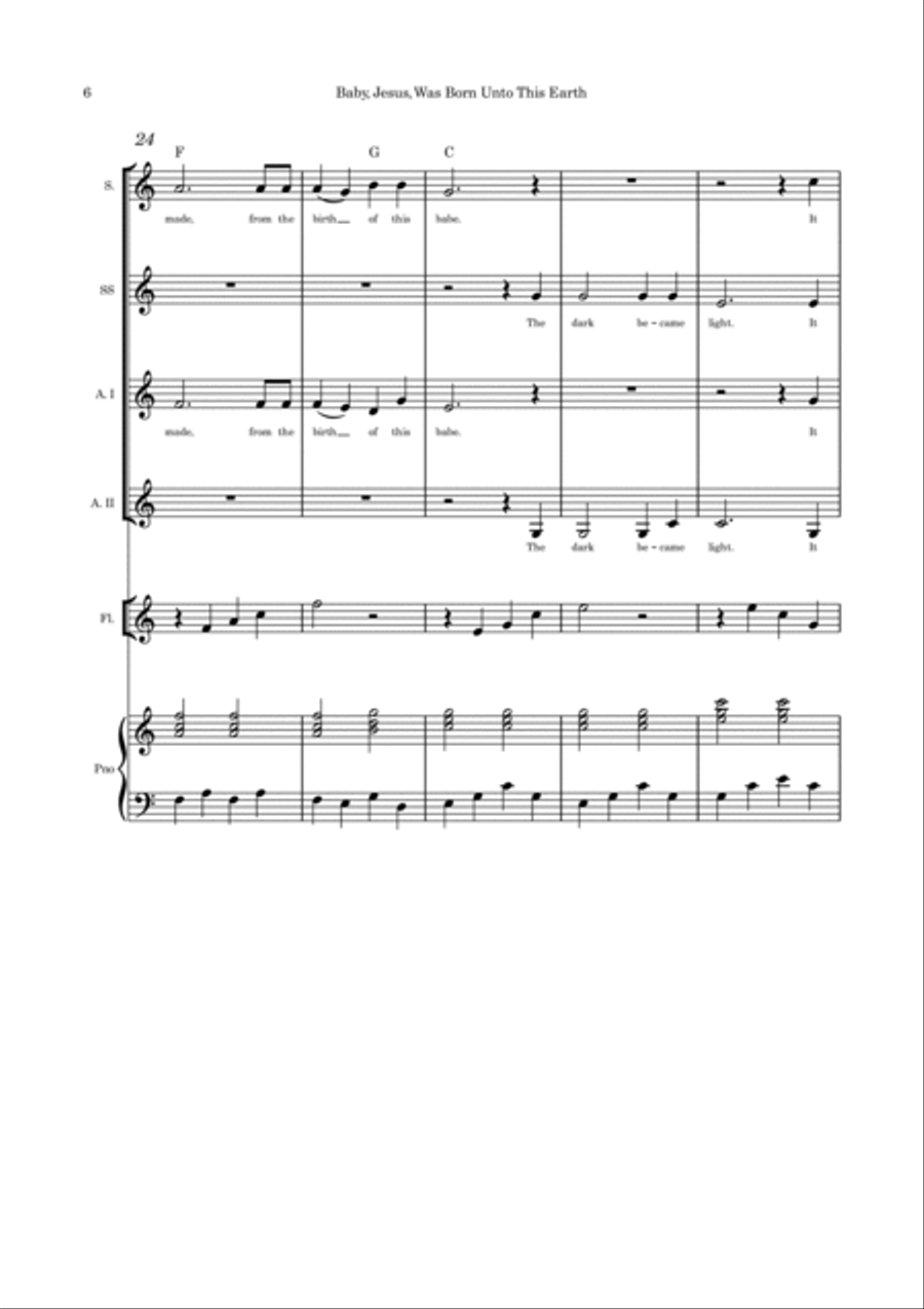 Baby Jesus Was Born Unto This Earth SSAA flute or cello or violin and piano SSAA scores gallery preview page 6