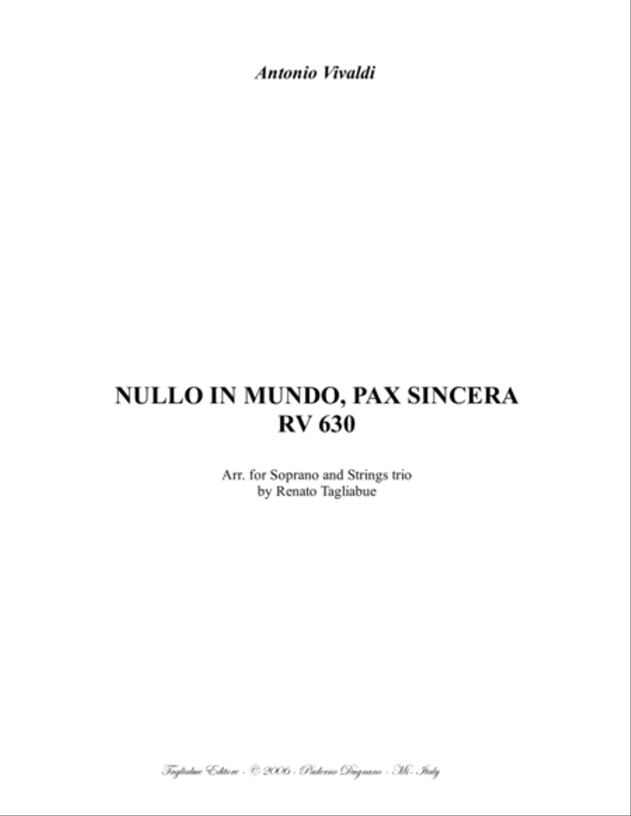 NULLO IN MUNDO, PAX SINCERA - Vivaldi - Arr. for Soprano and String Trio Chamber Orchestra scores gallery preview page 1