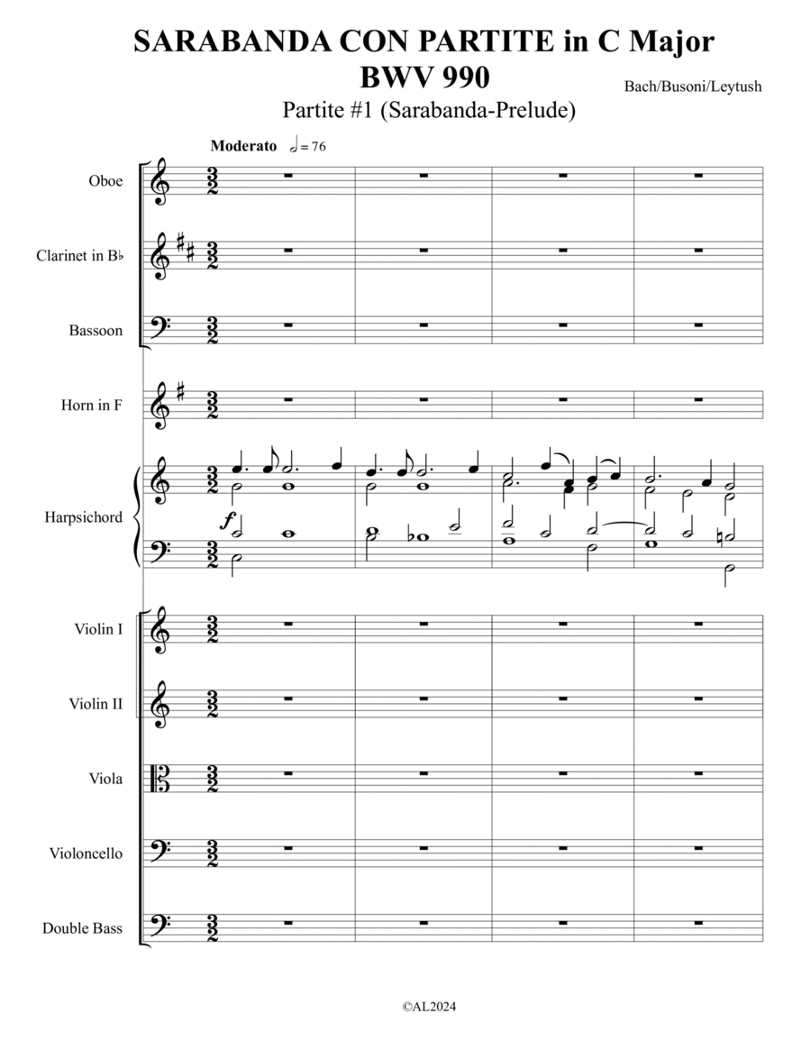 BACH/BUSONI/LEYTUSH: SARABANDA CON PARTITE In C – MAJOR, BWV 990 - Score Only image number null