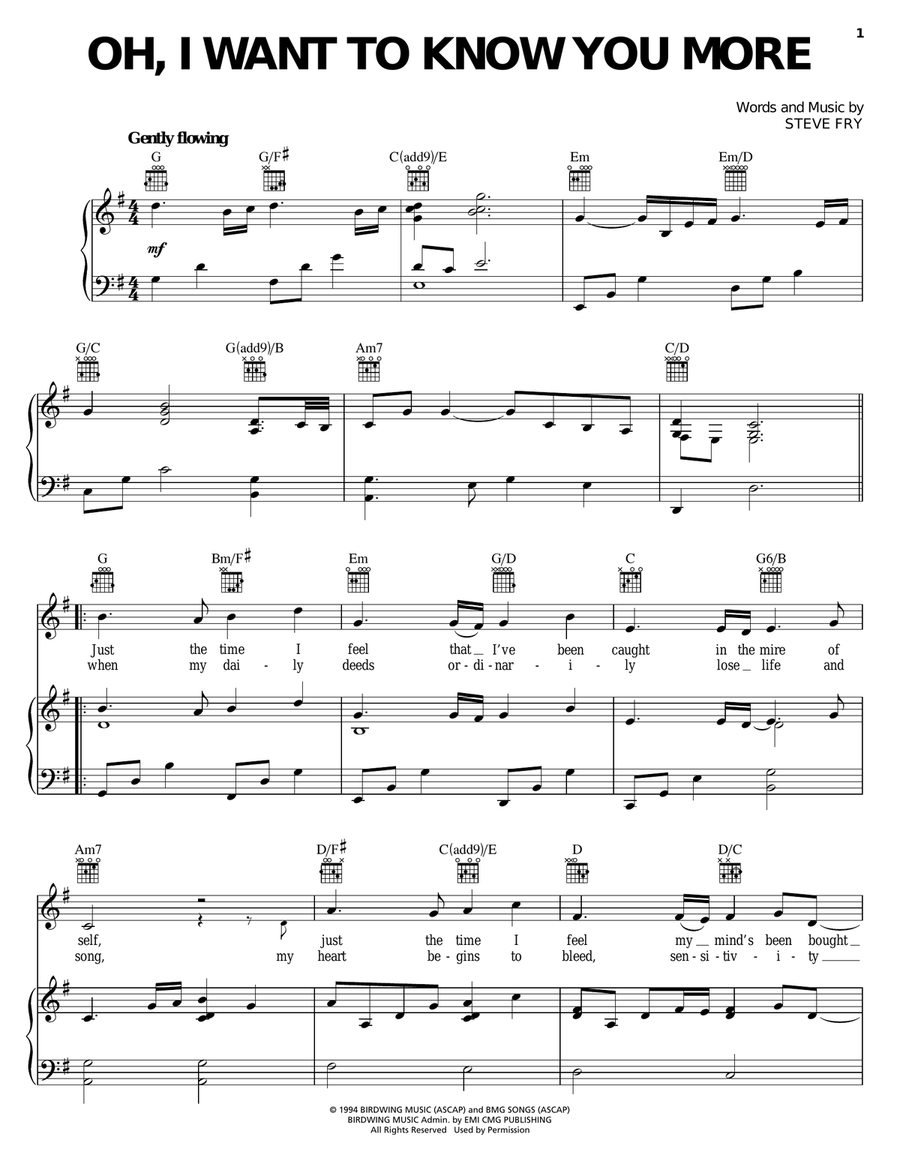 Oh, I Want To Know You More Piano, Vocal, Guitar scores gallery preview page 1