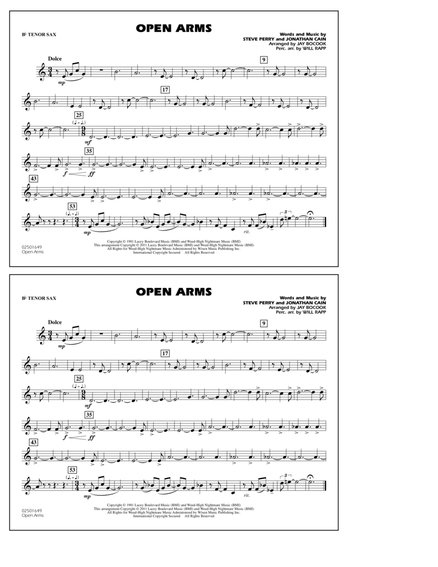 Open Arms - Bb Tenor Sax Open Arms - Bb Tenor Sax Marching Band scores gallery preview page 1