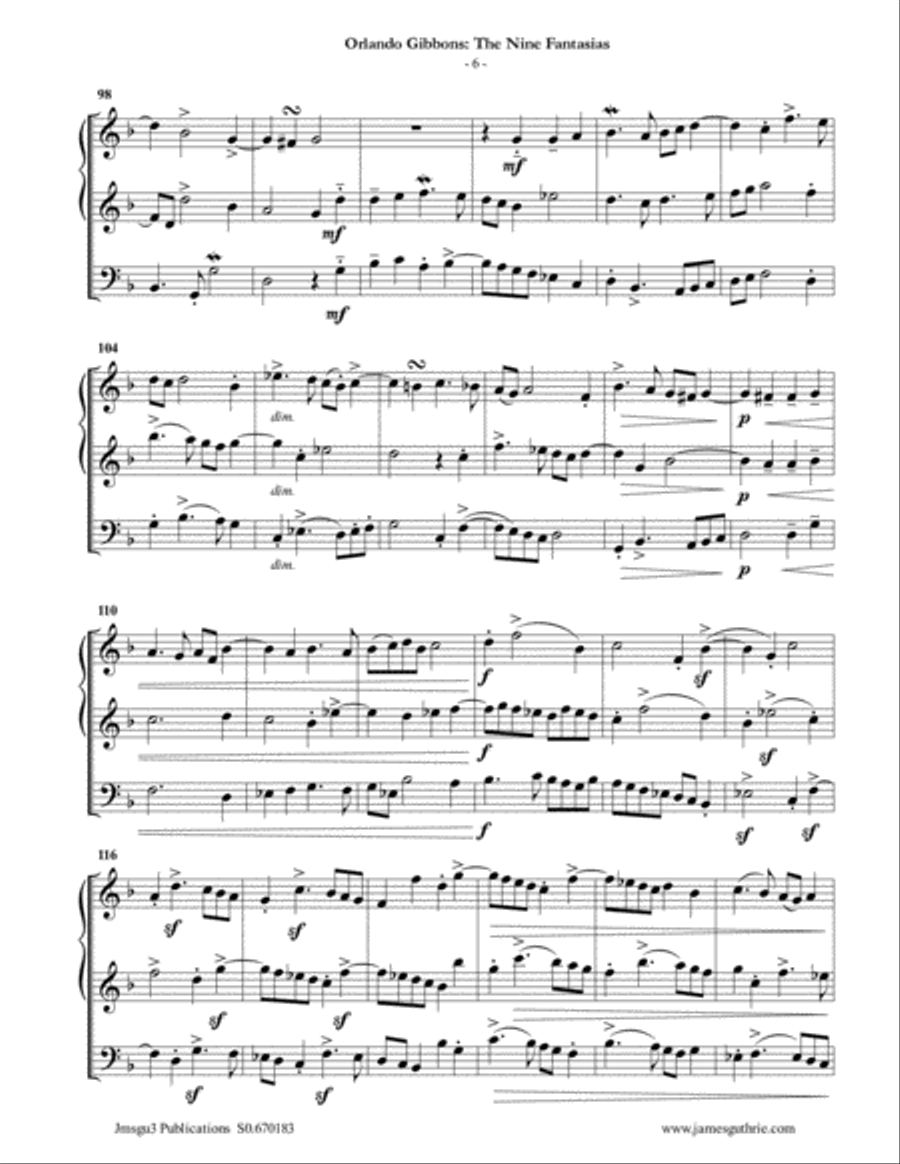 Gibbons: The Nine Fantasias for Violin Duo & Cello String Duet scores gallery preview page 6