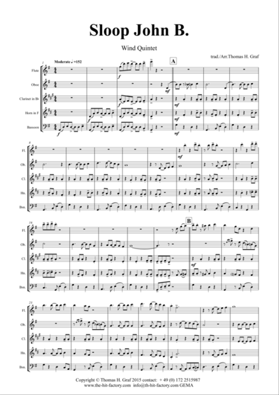 Sloop John B. - Caribian Folk Song - Wind Quintet Woodwind Quintet scores gallery preview page 1