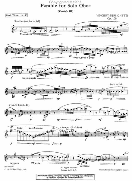 Parable For Solo Oboe by Vincent Persichetti Oboe Solo - Sheet Music