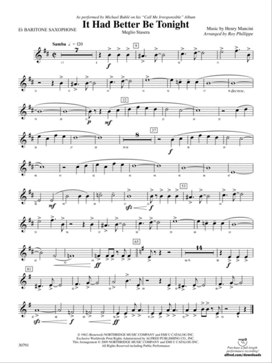 It Had Better Be Tonight (Meglio Stasera): E-flat Baritone Saxophone Concert Band scores gallery preview page 1