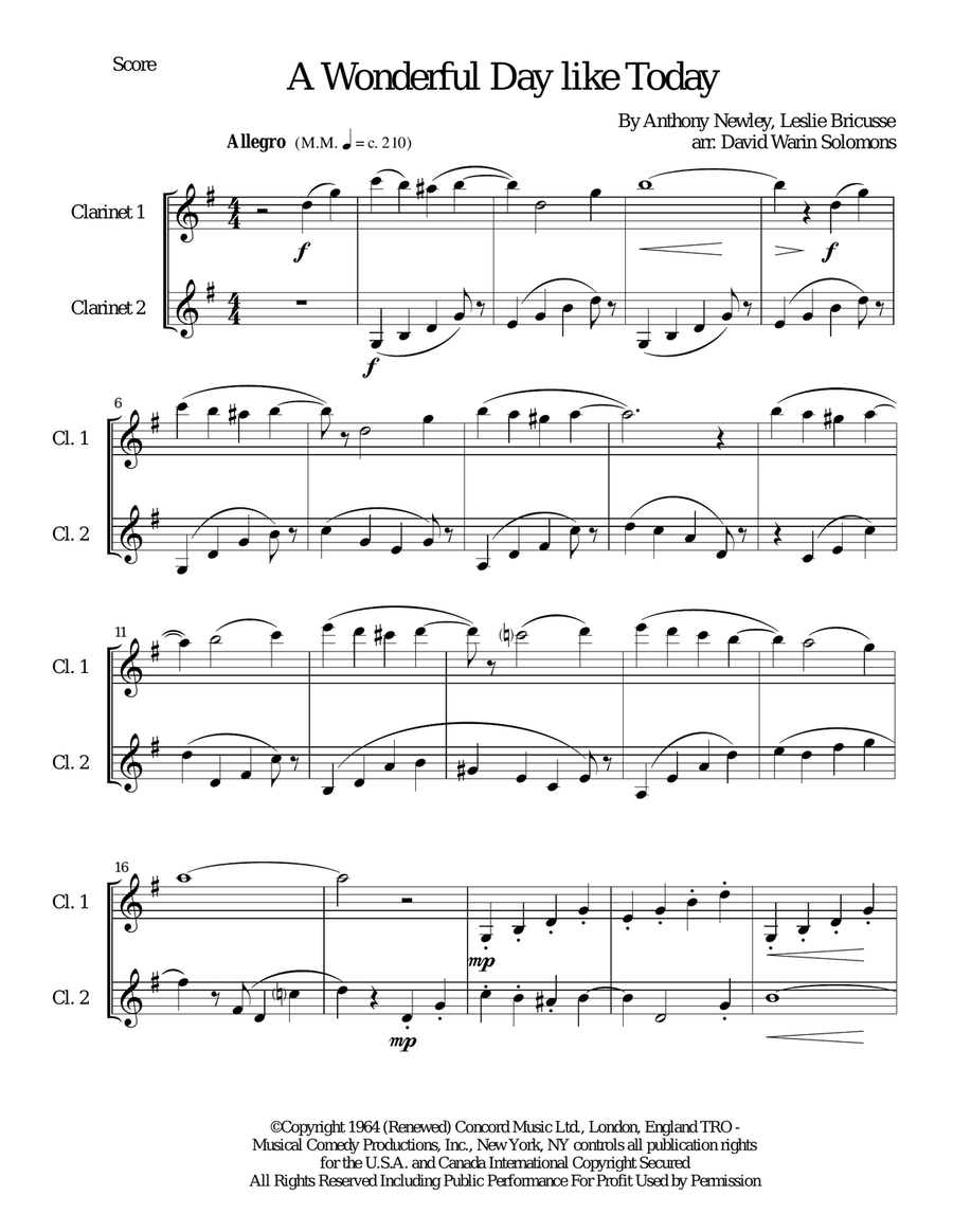 A Wonderful Day Like Today Clarinet Duet scores gallery preview page 1