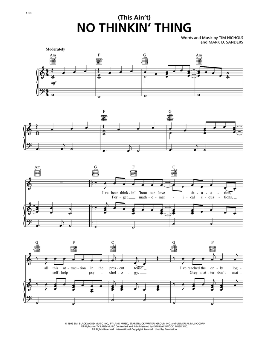 (This Ain't) No Thinkin' Thing Piano, Vocal, Guitar scores gallery preview page 1