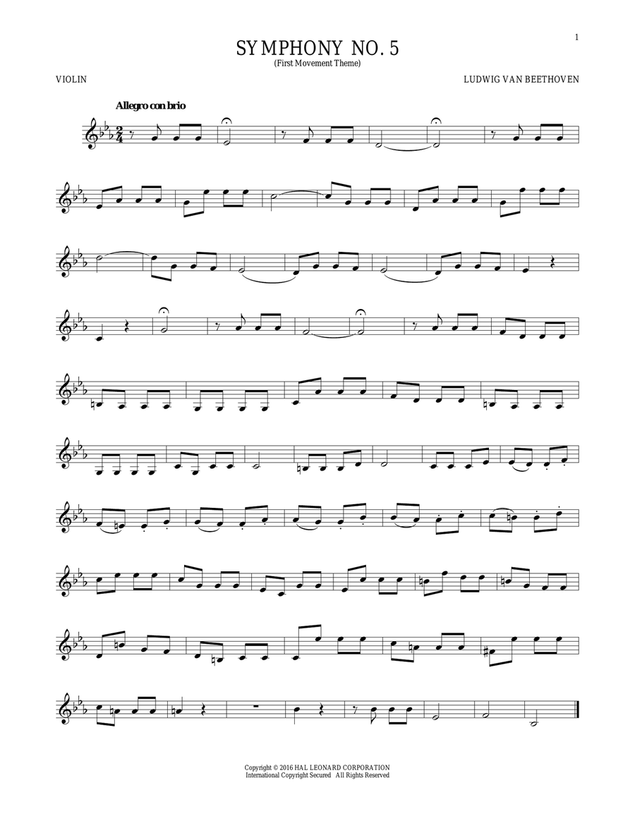 Symphony No. 5 In C Minor, First Movement Excerpt Violin Solo scores gallery preview page 1