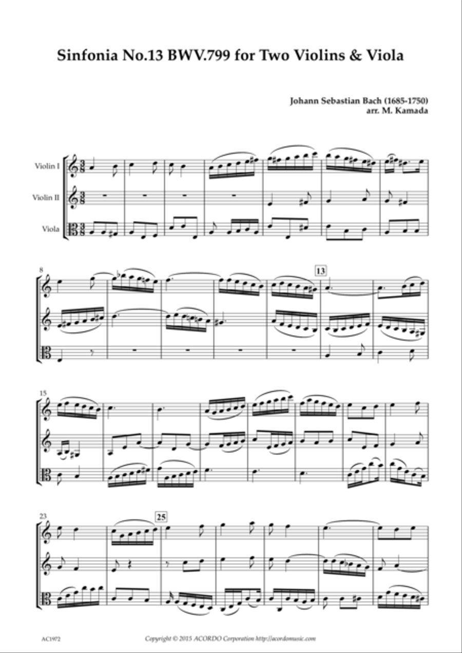 Sinfonia No.13 BWV.799 for Two Violins & Viola String Duet scores gallery preview page 1